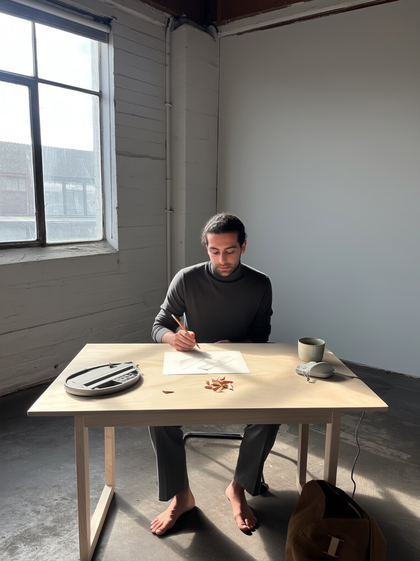 Yianni sketching at his studio desk